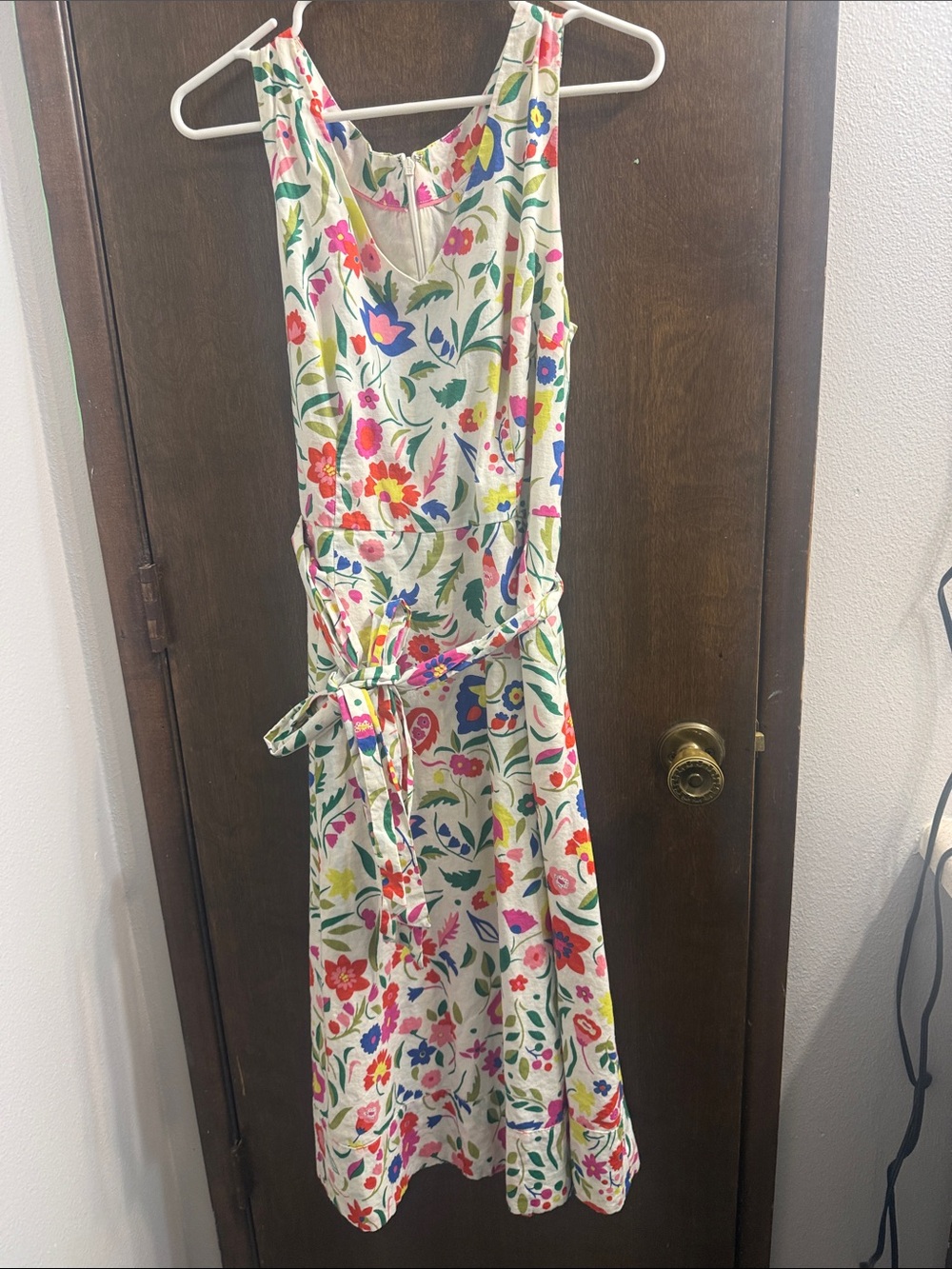 Boden Floral Dress with Pink Trim and Bright Blooms